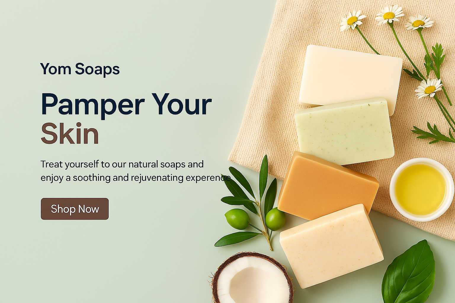 Pamper Your Skin with Ayurvedic Handmade Soap – YOM Soaps;<H1> The image features a warm-toned YOM Soaps advertisement showcasing four rectangular soap bars surrounded by natural elements like coconut, chamomile flowers, and herbal leaves. A soft beige backdrop and gentle lighting evoke a soothing, luxurious vibe with a “Pamper Your Skin” message and a “Shop Now” button. 🌿🧼
